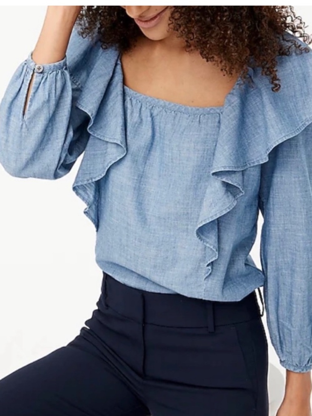 J‎ CREW Women’s Chambray Ruffle Detail Square Neck Top Size Medium EUC